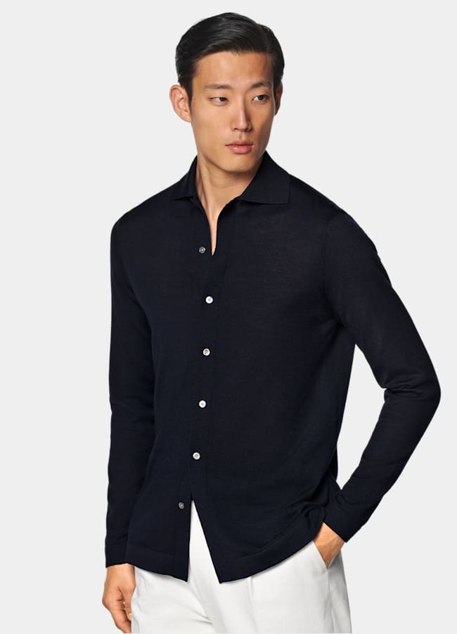 SUITSUPPLY Pure Wool Navy Merino Long Sleeve Polo Cardigan