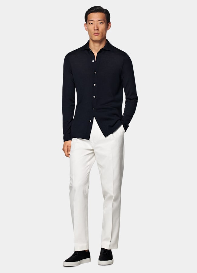 SUITSUPPLY Pure Wool Navy Merino Long Sleeve Polo Cardigan