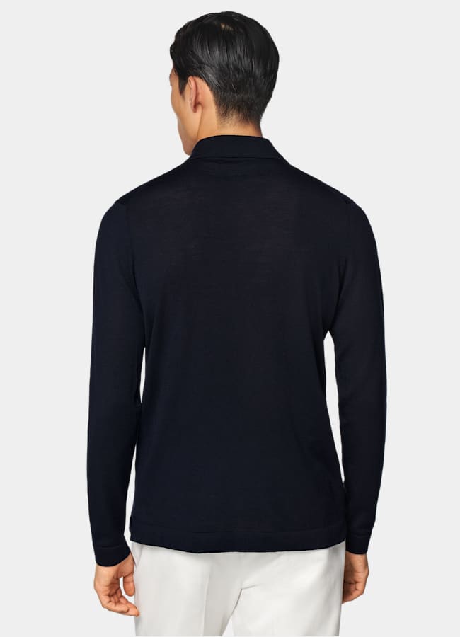 SUITSUPPLY Pure Wool Navy Merino Long Sleeve Polo Cardigan