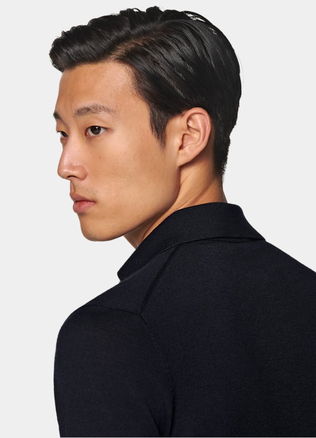 SUITSUPPLY Pure Wool Navy Merino Long Sleeve Polo Cardigan