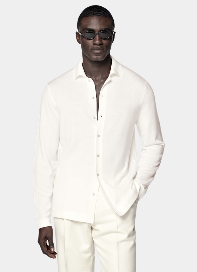 SUITSUPPLY Pure Wool Off-White Merino Long Sleeve Polo Cardigan