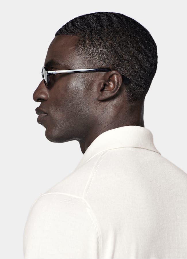 SUITSUPPLY Pure Wool Off-White Merino Long Sleeve Polo Cardigan