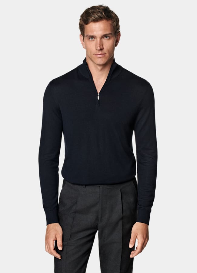 SUITSUPPLY Pure Wool Navy Merino Half Zip