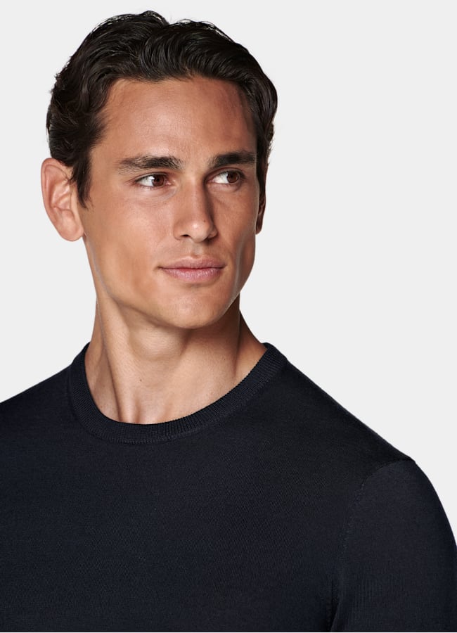 SUITSUPPLY Pure laine Pull col rond Merino bleu marine