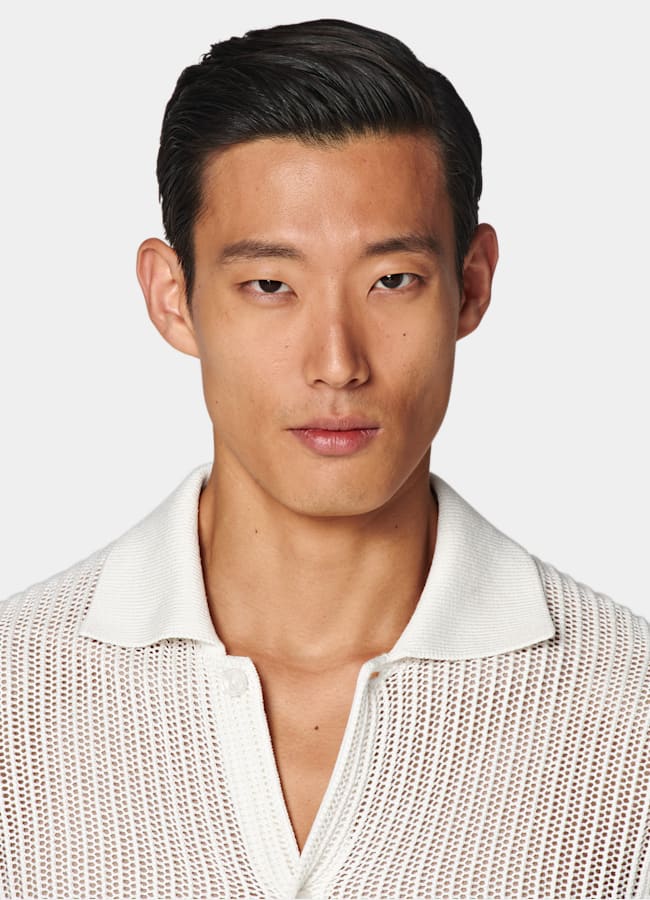 SUITSUPPLY Californian Cotton & Mulberry Silk Off-White Crochet Polo Cardigan