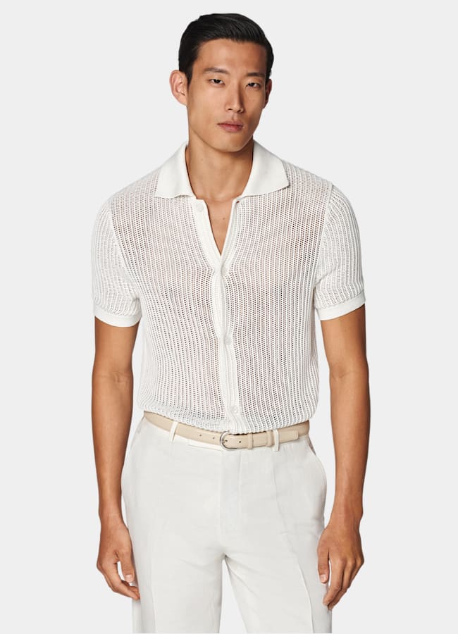 SUITSUPPLY Californian Cotton & Mulberry Silk Off-White Crochet Polo Cardigan