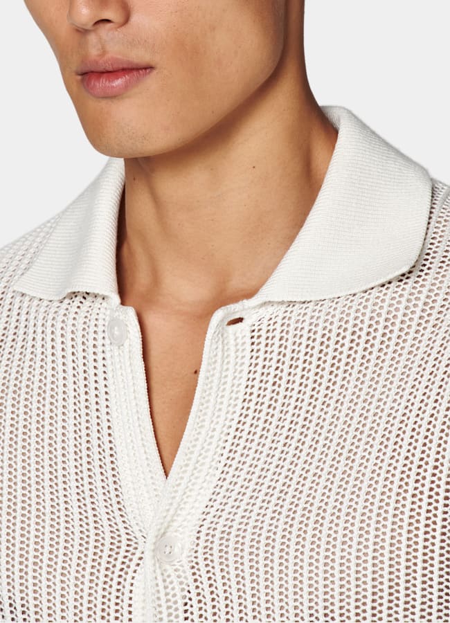 SUITSUPPLY Californian Cotton & Mulberry Silk Off-White Crochet Polo Cardigan