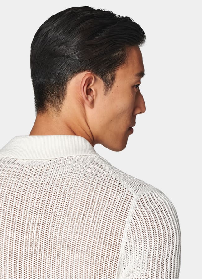 SUITSUPPLY Californian Cotton & Mulberry Silk Off-White Crochet Polo Cardigan