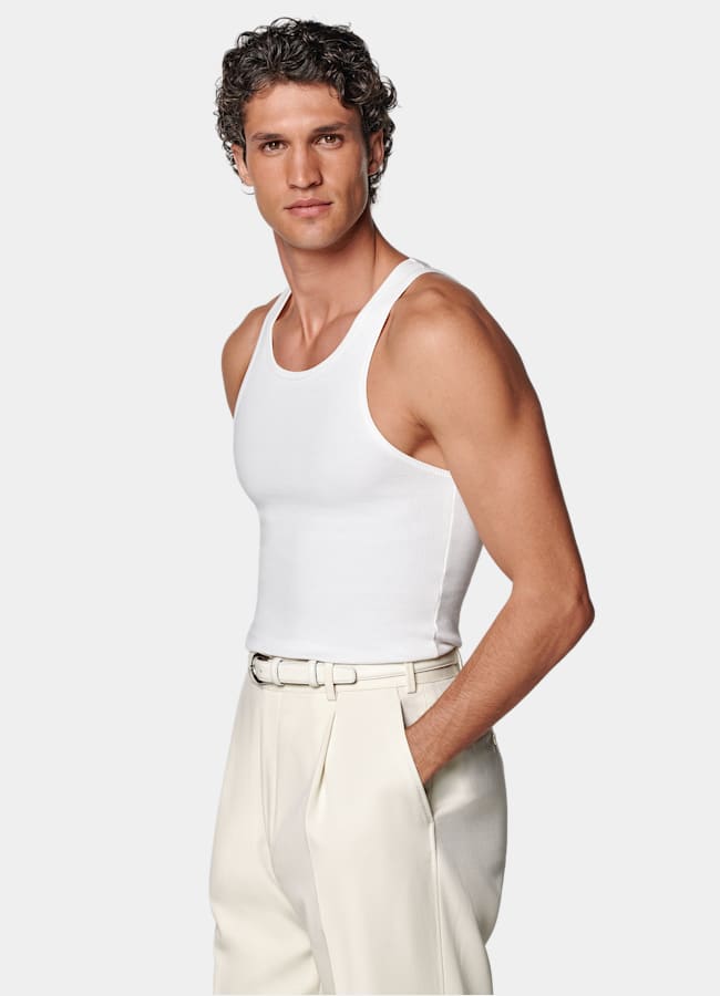SUITSUPPLY Pure Cotton White Ribbed Tank Top