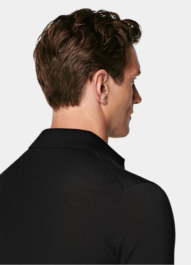 SUITSUPPLY Pure Wool Black Merino Long Sleeve Polo