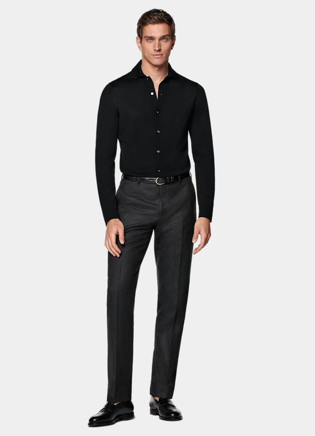 SUITSUPPLY Czysta wełna Kardigan polo z długimi rękawami merino czarny