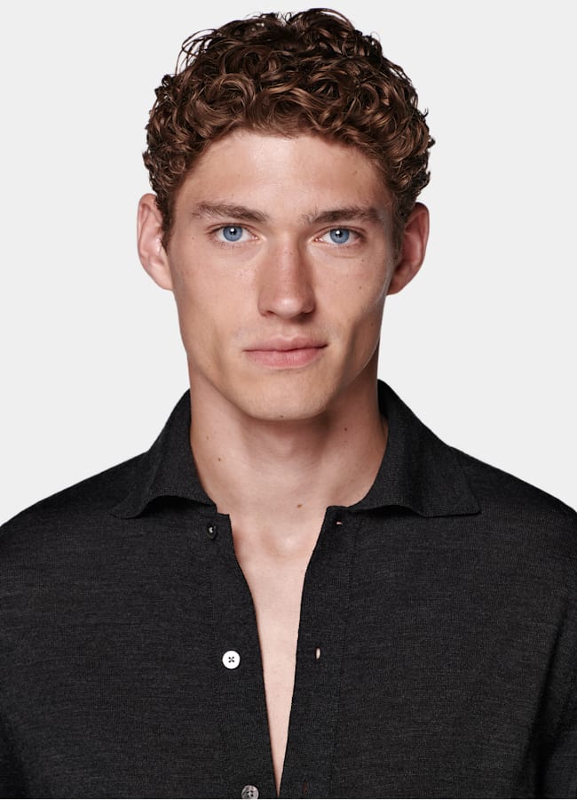 SUITSUPPLY Pure Wool Dark Grey Merino Long Sleeve Polo Cardigan