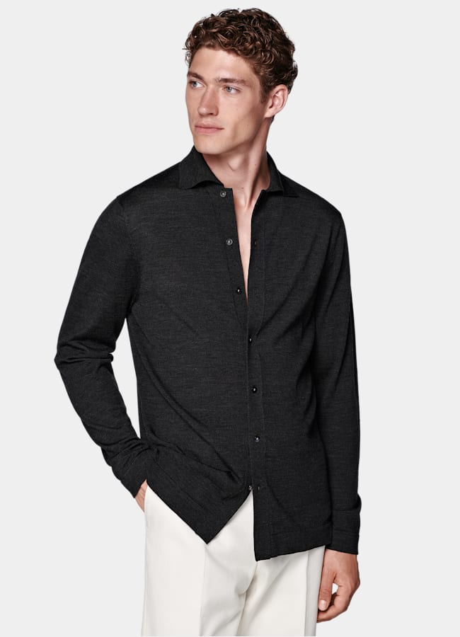 SUITSUPPLY Pure Wool Dark Grey Merino Long Sleeve Polo Cardigan