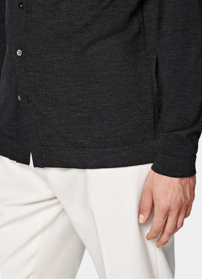 SUITSUPPLY Pure Wool Dark Grey Merino Long Sleeve Polo Cardigan