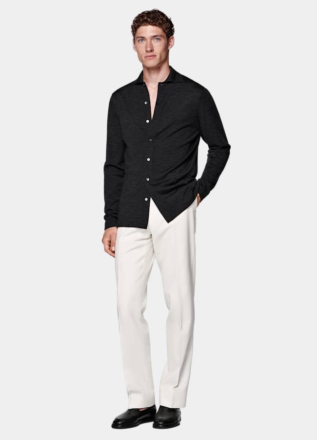 SUITSUPPLY Pure Wool Dark Grey Merino Long Sleeve Polo Cardigan