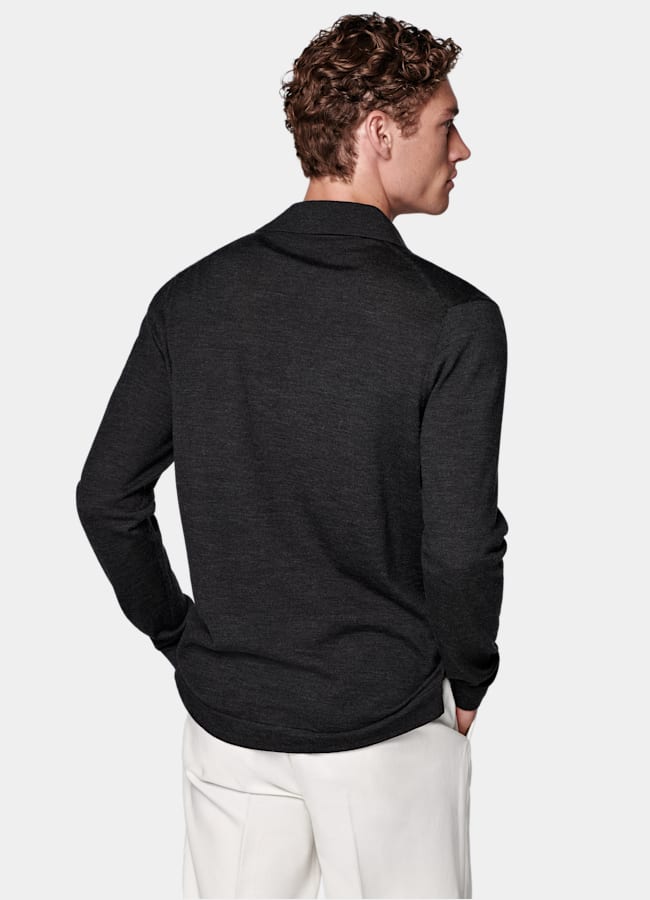 SUITSUPPLY Pure Wool Dark Grey Merino Long Sleeve Polo Cardigan