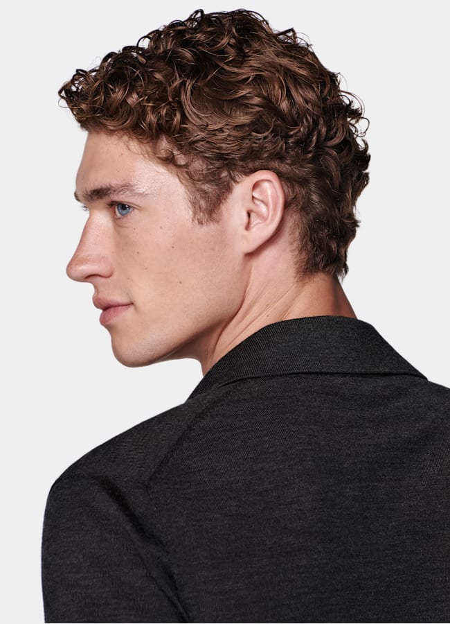 SUITSUPPLY Pure Wool Dark Grey Merino Long Sleeve Polo Cardigan