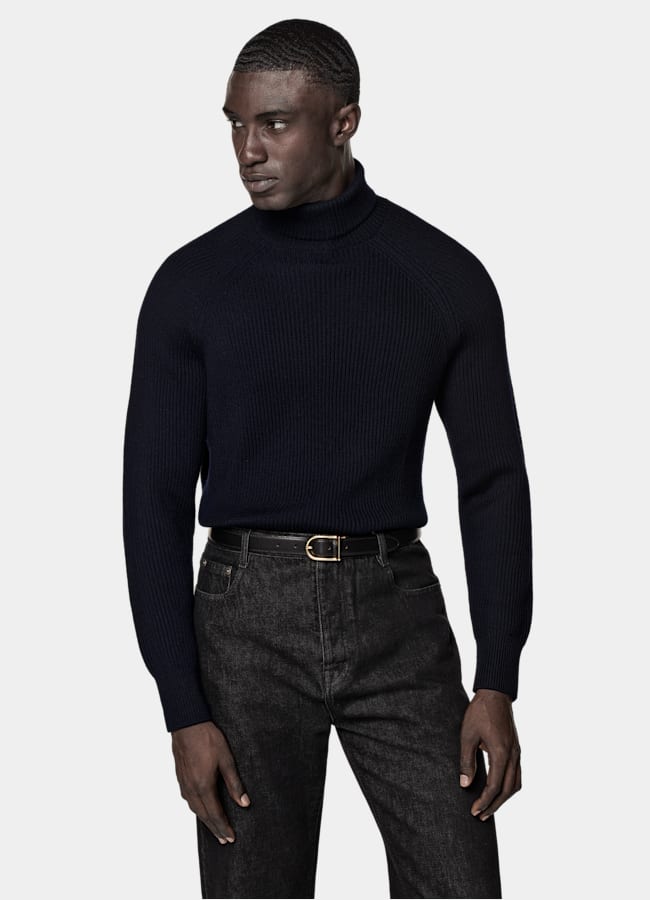 SUITSUPPLY Reine Schurwolle Merino Rollkragenpullover navy Rippstrick