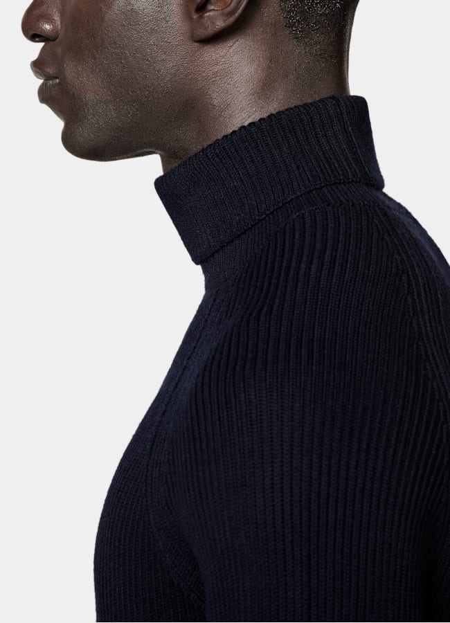 SUITSUPPLY Reine Schurwolle Merino Rollkragenpullover navy Rippstrick