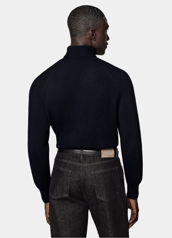 SUITSUPPLY Reine Schurwolle Merino Rollkragenpullover navy Rippstrick