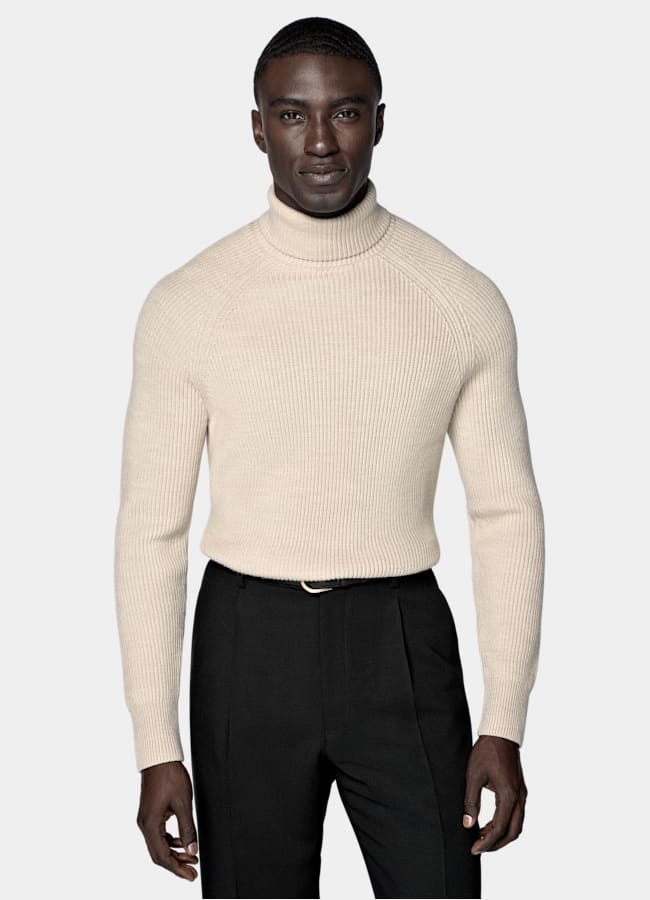 SUITSUPPLY Pura lana Jersey cuello alto ribeteado arena merino