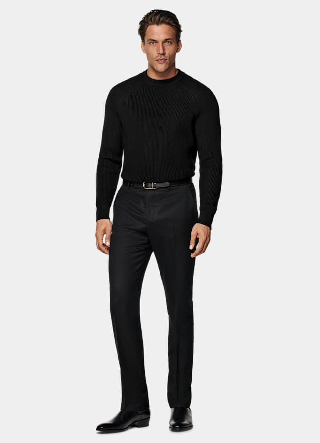 SUITSUPPLY Pure laine Col rond côtelé Merino noir