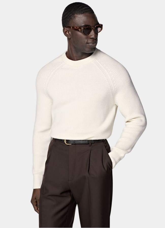 SUITSUPPLY Pure Wool Off-White Merino Ribbed Crewneck
