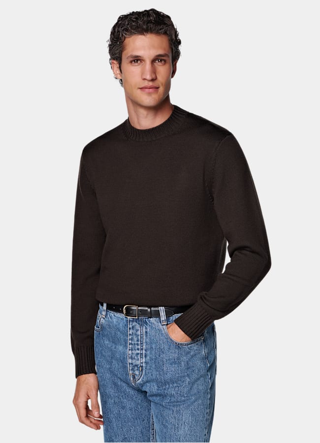 SUITSUPPLY Pure laine Pull col rond marron foncé