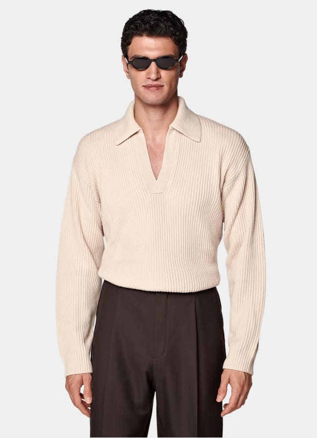 SUITSUPPLY Ull och kashmir Knapplös, ribbad och sandfärgad piké med lång ärm