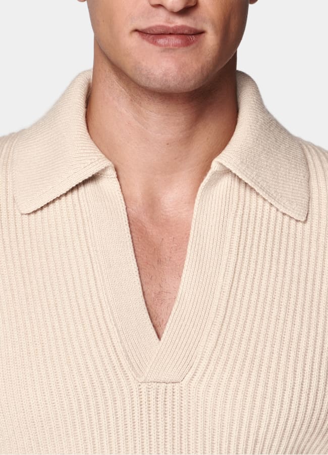 SUITSUPPLY Ull och kashmir Knapplös, ribbad och sandfärgad piké med lång ärm