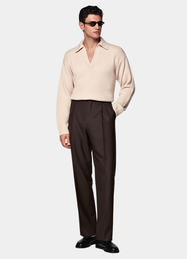 SUITSUPPLY Ull och kashmir Knapplös, ribbad och sandfärgad piké med lång ärm