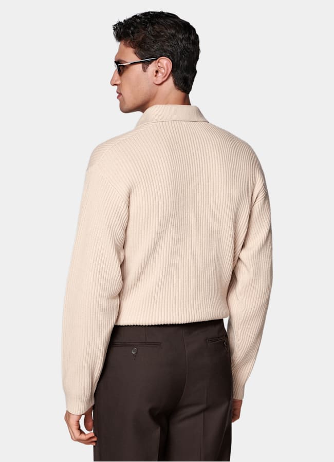 SUITSUPPLY Ull och kashmir Knapplös, ribbad och sandfärgad piké med lång ärm