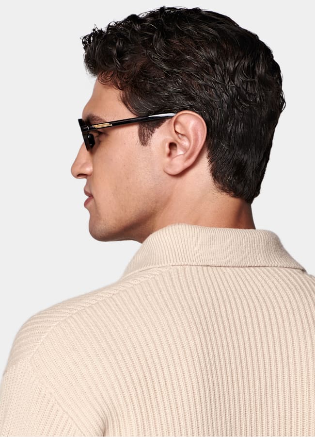 SUITSUPPLY Ull och kashmir Knapplös, ribbad och sandfärgad piké med lång ärm