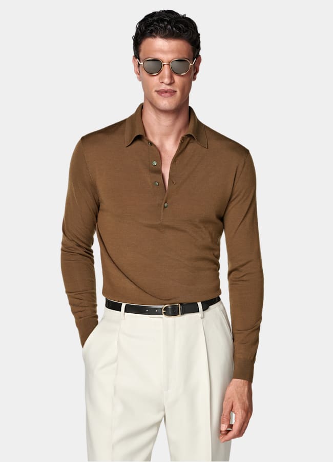 SUITSUPPLY Pure Wool Brown Long Sleeve Polo