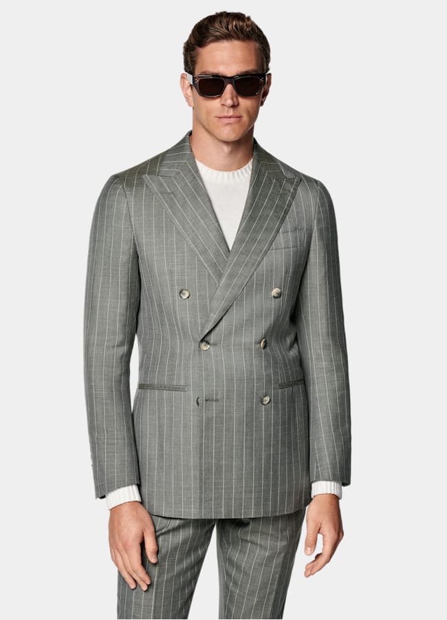 SUITSUPPLY Summer Wool Silk Linen by E.Thomas, Italy Light Green Striped Tailored Fit Havana Suit