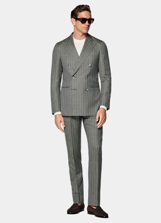 SUITSUPPLY Summer Wool Silk Linen by E.Thomas, Italy Light Green Striped Tailored Fit Havana Suit
