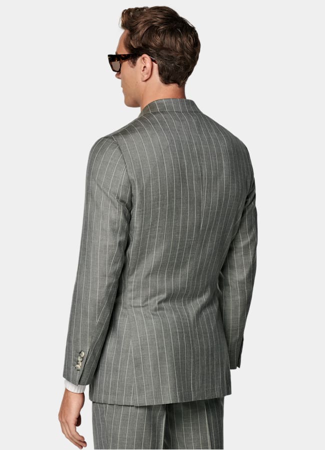 SUITSUPPLY Summer Wool Silk Linen by E.Thomas, Italy Light Green Striped Tailored Fit Havana Suit