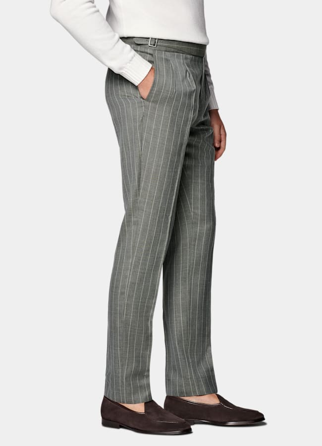 SUITSUPPLY Summer Wool Silk Linen by E.Thomas, Italy Light Green Striped Tailored Fit Havana Suit