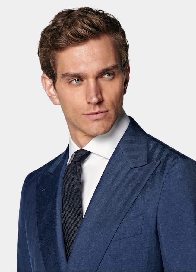 SUITSUPPLY All Season Wool Silk by Rogna, Italy Mid Blue Herringbone Perennial Tailored Fit Havana Suit