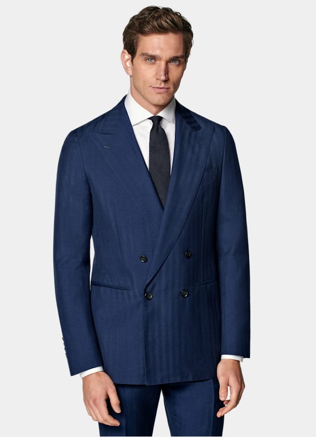 SUITSUPPLY All Season Wool Silk by Rogna, Italy Mid Blue Herringbone Perennial Tailored Fit Havana Suit