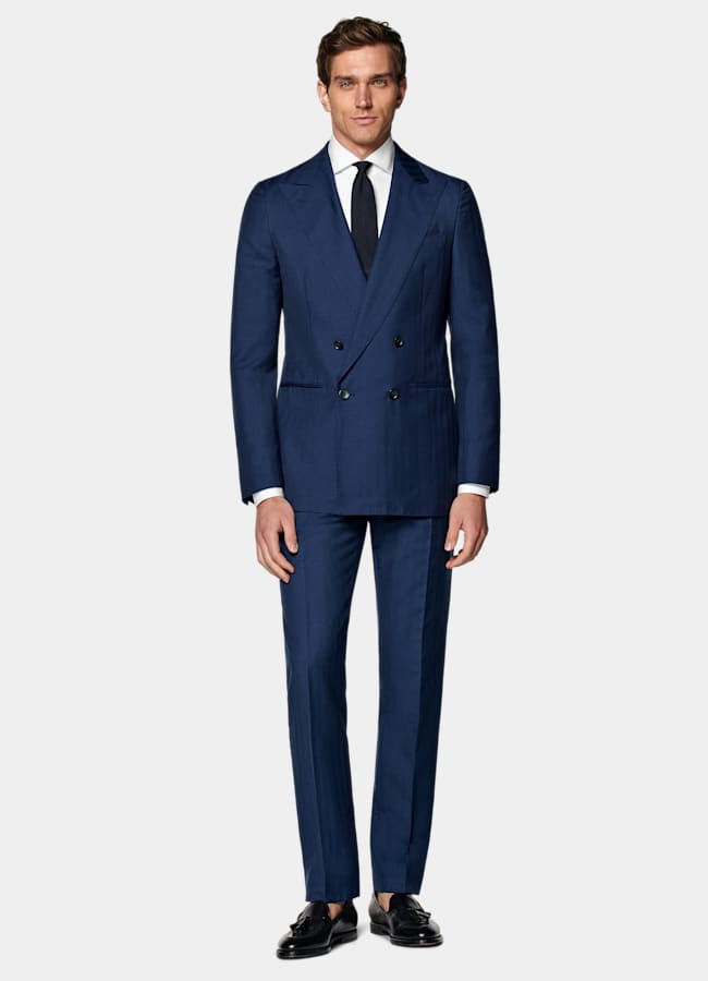 SUITSUPPLY All Season Wool Silk by Rogna, Italy Mid Blue Herringbone Perennial Tailored Fit Havana Suit
