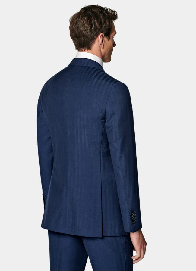 SUITSUPPLY All Season Wool Silk by Rogna, Italy Mid Blue Herringbone Perennial Tailored Fit Havana Suit
