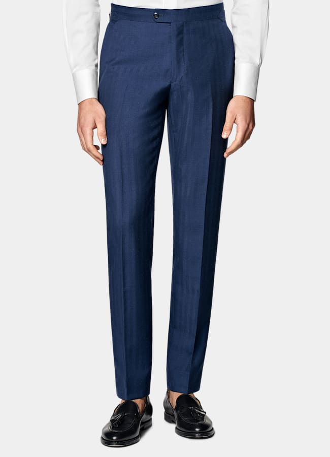 SUITSUPPLY All Season Wool Silk by Rogna, Italy Mid Blue Herringbone Perennial Tailored Fit Havana Suit