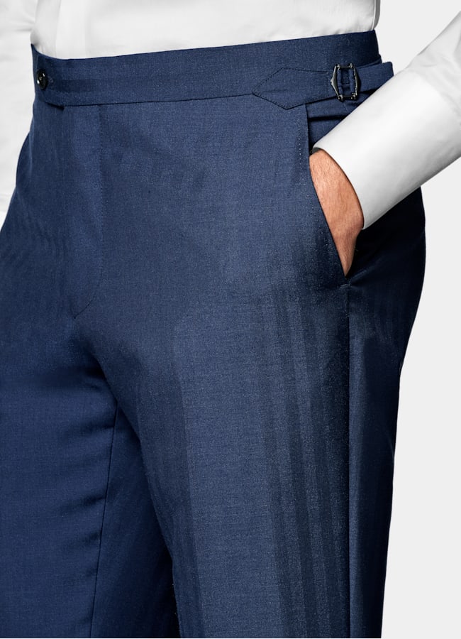 SUITSUPPLY All Season Wool Silk by Rogna, Italy Mid Blue Herringbone Perennial Tailored Fit Havana Suit