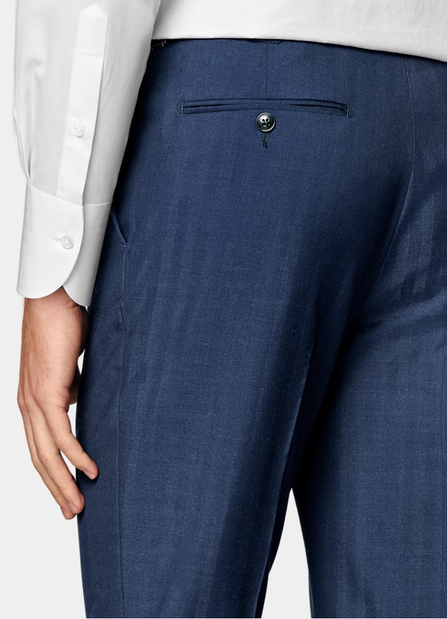 SUITSUPPLY All Season Wool Silk by Rogna, Italy Mid Blue Herringbone Perennial Tailored Fit Havana Suit