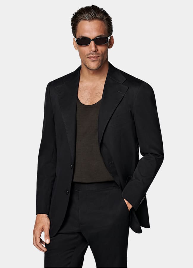 SUITSUPPLY Summer Cotton Cashmere by Solbiati, Italy Black Relaxed Fit Roma Suit