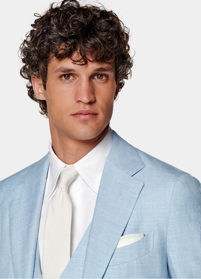 SUITSUPPLY Summer Wool Silk Linen by E.Thomas, Italy Light Blue Three-Piece Tailored Fit Havana Suit