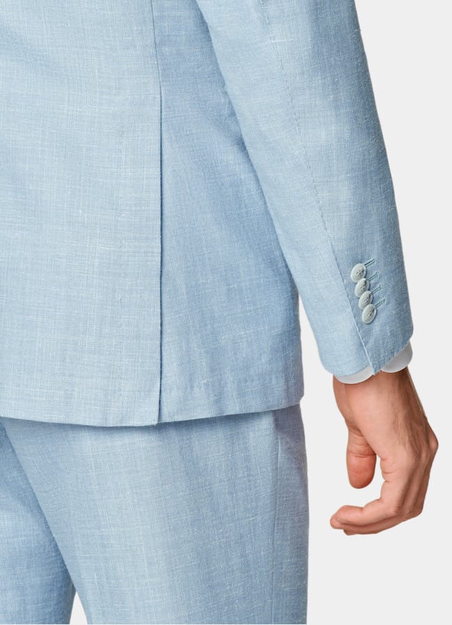 SUITSUPPLY Summer Wool Silk Linen by E.Thomas, Italy Light Blue Three-Piece Tailored Fit Havana Suit