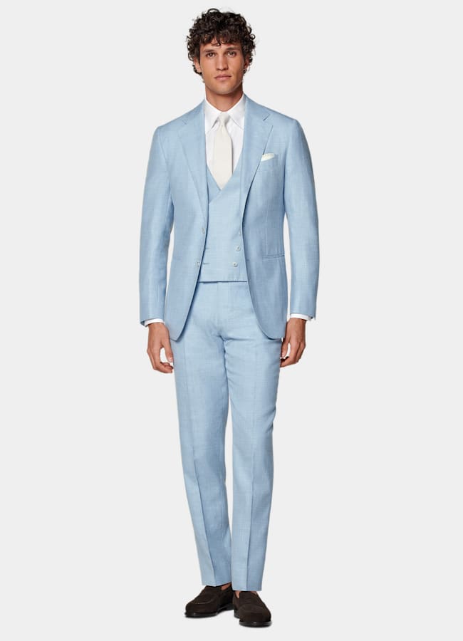 SUITSUPPLY Summer Wool Silk Linen by E.Thomas, Italy Light Blue Three-Piece Tailored Fit Havana Suit
