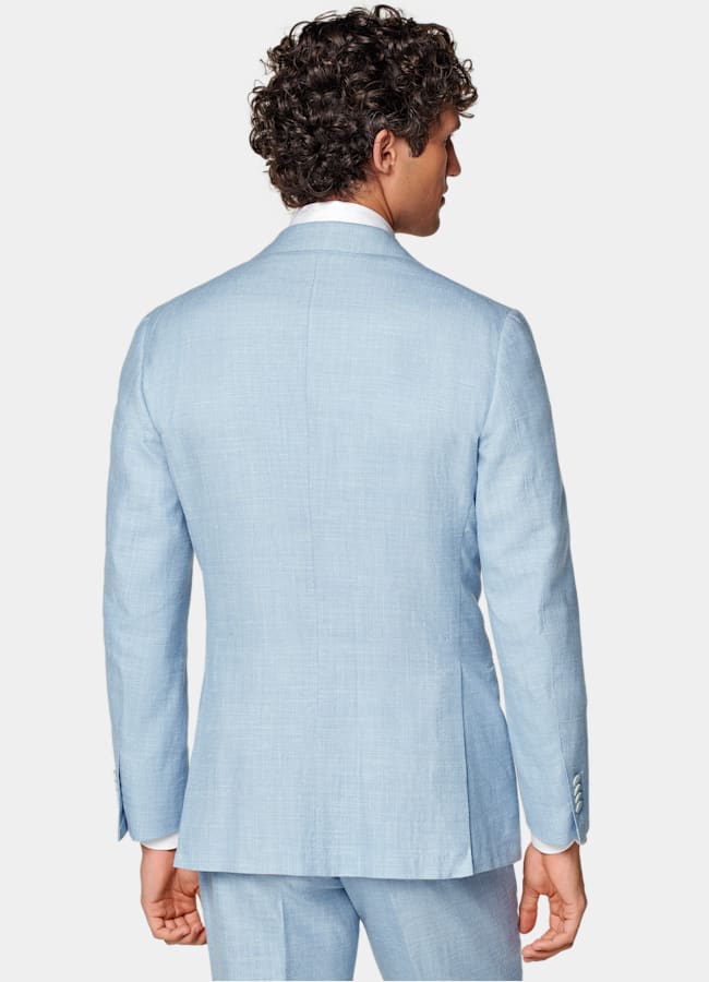 SUITSUPPLY Summer Wool Silk Linen by E.Thomas, Italy Light Blue Three-Piece Tailored Fit Havana Suit